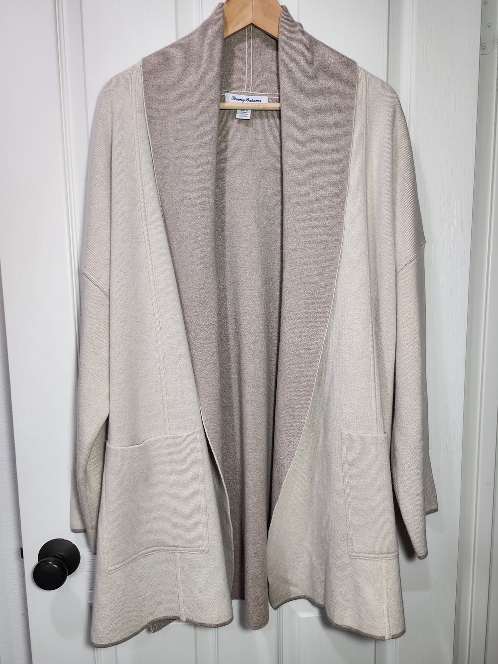 Tommy Bahama Open Front Shawl Collar Cardigan Sweater Beige Oatmeal L/G Blend